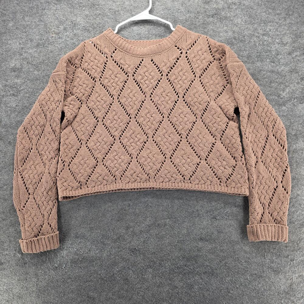 SINCERELY JULES Sweater Pullover Womens M Brown Argyle Open Crochet Relaxed Fit